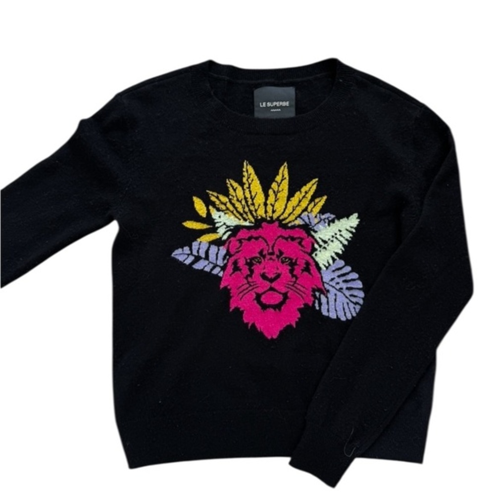 Le Superbe Black Crewneck Cashmerr Wool Sweater with Pink Lion Design  Small
